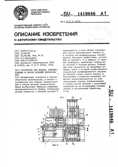 Устройство для подачи,комплектования и сборки деталей запрессовкой (патент 1419846)