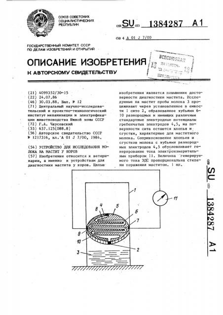 Устройство для исследования молока на мастит у коров (патент 1384287)