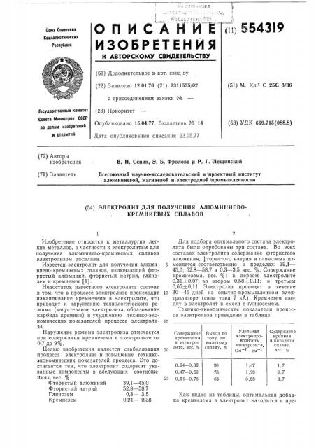 Электролит для получения алюминиевокремниевых сплавов (патент 554319)