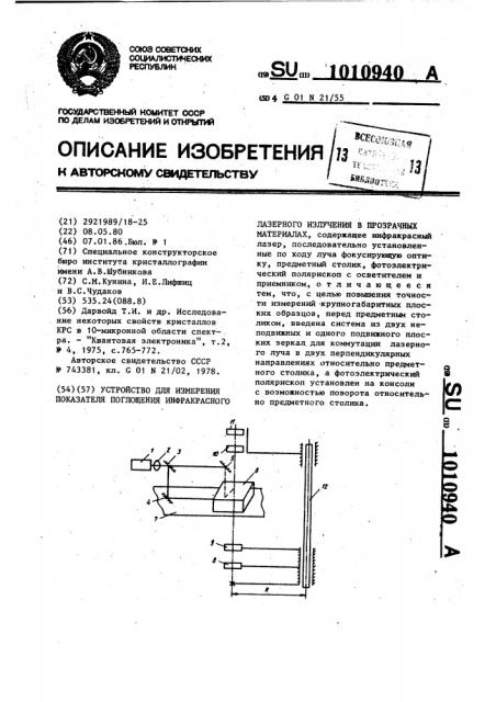 Устройство для измерения показателя поглощения инфракрасного лазерного излучения в прозрачных материалах (патент 1010940)