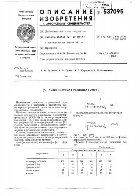 Вулканизуемая резиновая смесь (патент 537095)