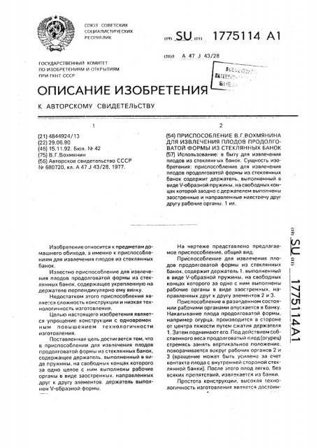 Приспособление в.г. вохмянина для извлечения плодов продолговатой формы из стеклянных банок (патент 1775114)