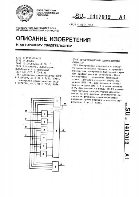 Четырехвходовый одноразрядный сумматор (патент 1417012)