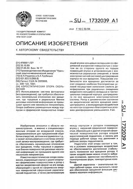 Аэростатическая опора скольжения (патент 1732039)