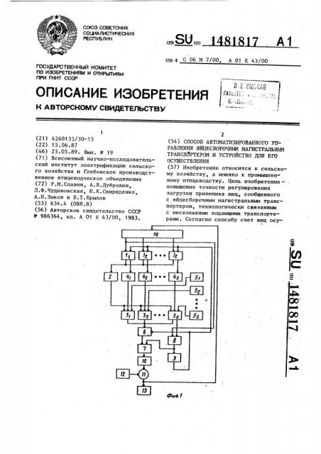 Способ автоматизированного управления яйцесборочным магистральным транспортером и устройство для его осуществления (патент 1481817)