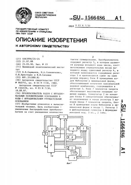 Преобразователь кодов с иррациональным положительным основанием в коды с иррациональным отрицательным основанием (патент 1566486)