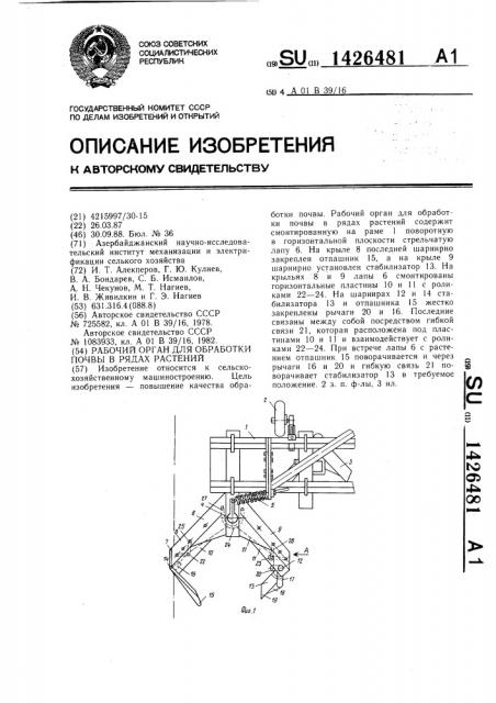 Рабочий орган для обработки почвы в рядах растений (патент 1426481)