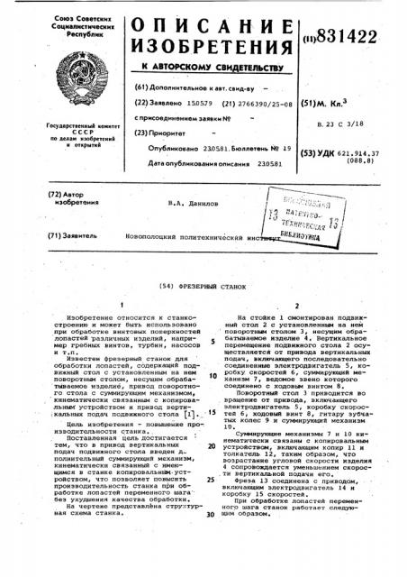 Фрезерный станок (патент 831422)