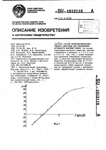 Состав мембраны ионоселективного электрода для измерения активности бихромат-ионов (патент 1012118)