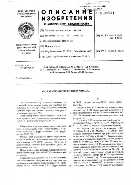 Катализатор для синтеза аммиака (патент 539601)