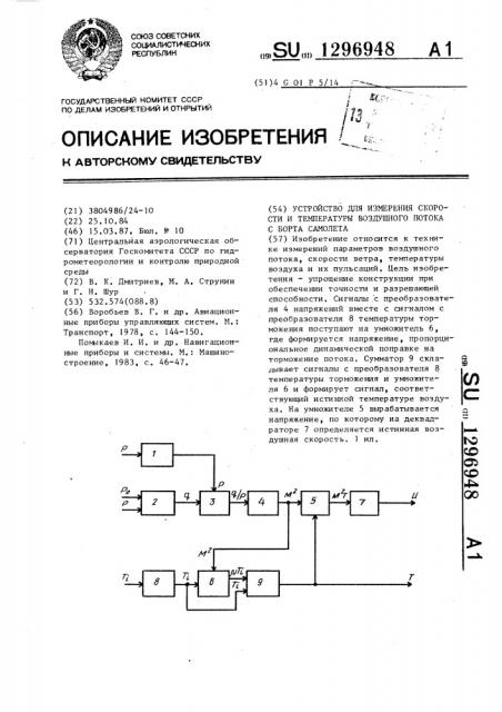 Устройство для измерения скорости и температуры воздушного потока с борта самолета (патент 1296948)