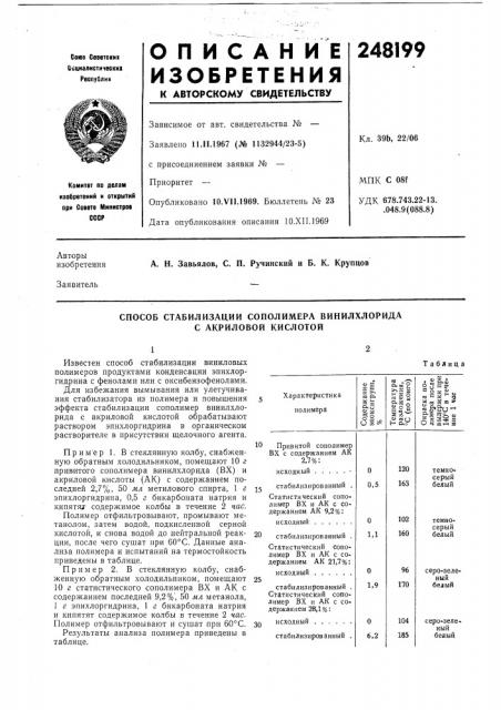 Способ стабилизации сополимера винилхлорида с акриловой кислотой (патент 248199)