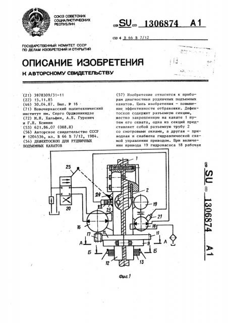 Дефектоскоп для рудничных подъемных канатов (патент 1306874)