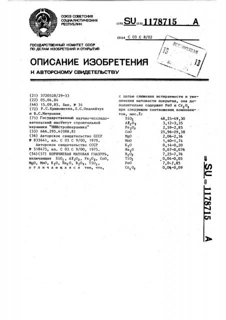 Коричневая матовая глазурь (патент 1178715)