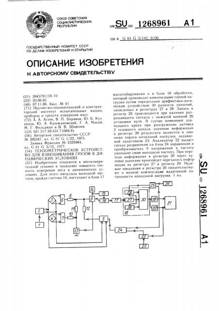 Тензометрическое устройство для взвешивания грузов в динамических условиях (патент 1268961)
