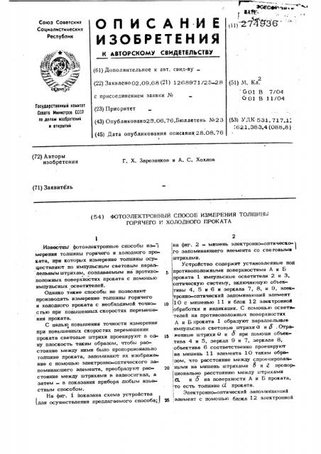 Фотоэлектронный способ измерения толщины горячего и холодного проката (патент 274936)