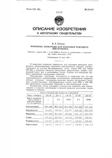 Покрытые электроды для наплавки режущего инструмента (патент 81210)