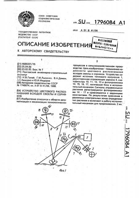 Устройство цветового распознавания всходов свеклы и сорняков (патент 1796084)