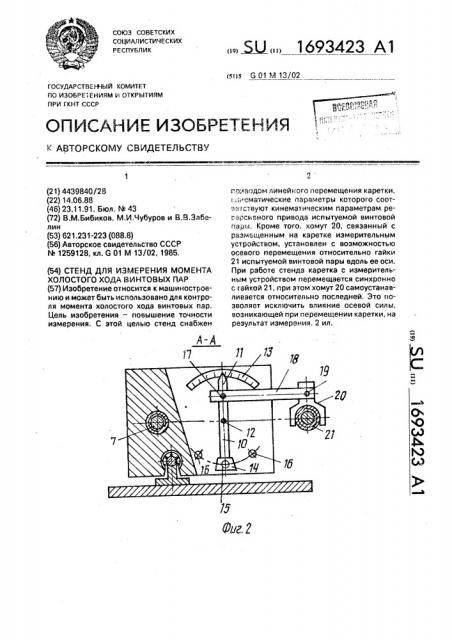 Стенд для измерения момента холостого хода винтовых пар (патент 1693423)