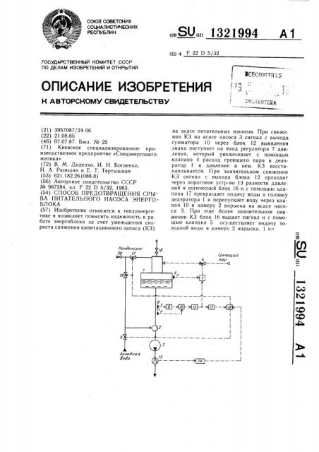 Способ предотвращения срыва питательного насоса энергоблока (патент 1321994)