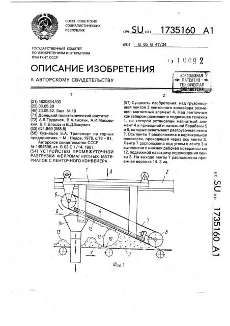 Устройство промежуточной разгрузки ферромагнитных материалов с ленточного конвейера (патент 1735160)