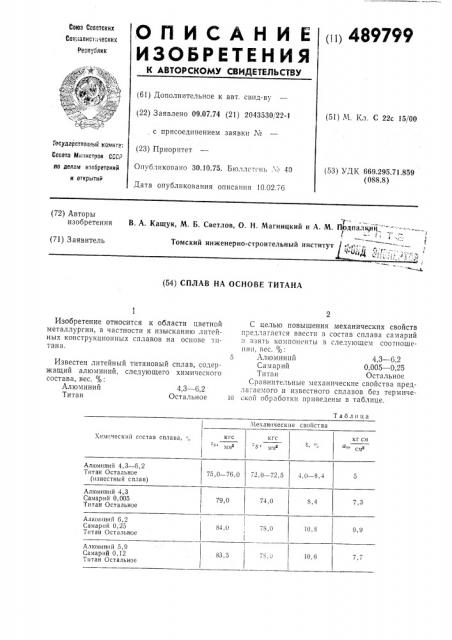 Сплав на основе титана (патент 489799)