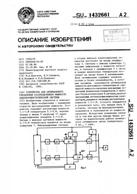 Устройство для оптимального управления распределением мощности электроэнергетической системы (патент 1432661)