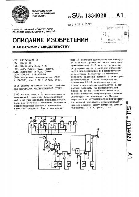 Способ автоматического управления процессом распылительной сушки (патент 1334020)