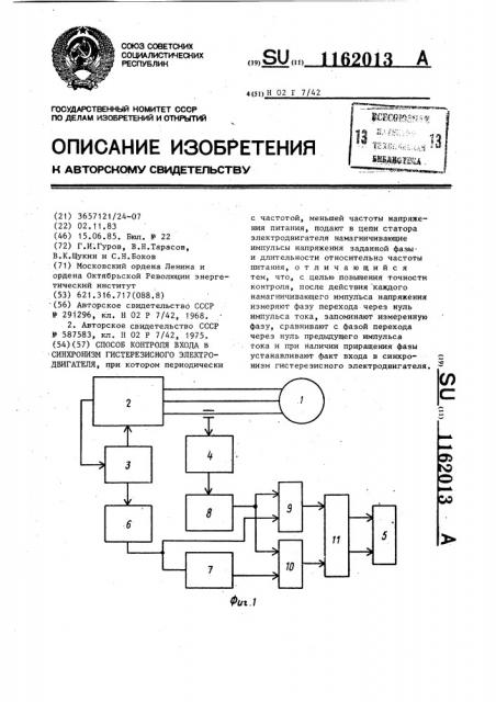 Способ контроля входа в синхронизм гистерезисного электродвигателя (патент 1162013)