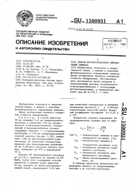 Способ фотометрического определения аммиака (патент 1500931)