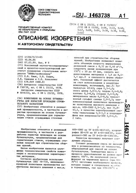 Композиция на основе бутилкаучука для пористой прокладки строительного назначения (патент 1463738)