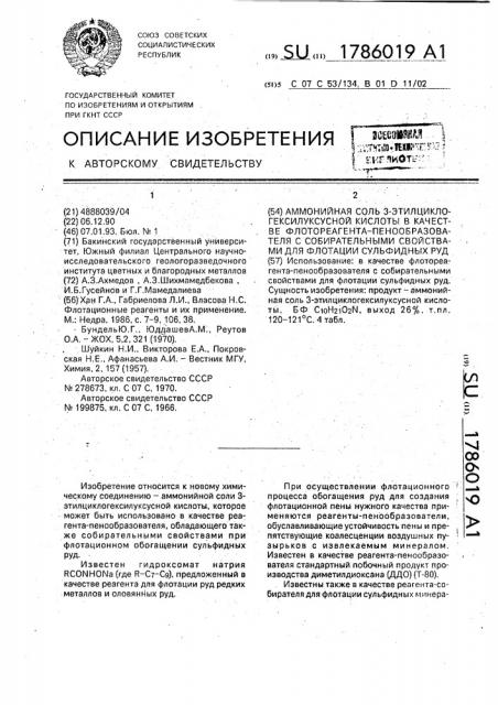 Аммонийная соль 3-этилциклогексилуксусной кислоты в качестве флотореагента-пенообразователя с собирательными свойствами для флотации сульфидных руд (патент 1786019)