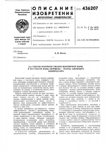 Способ контроля смазки шарнирной пары, в частности пары «поршень—палец» цилиндракомпрессора (патент 436207)