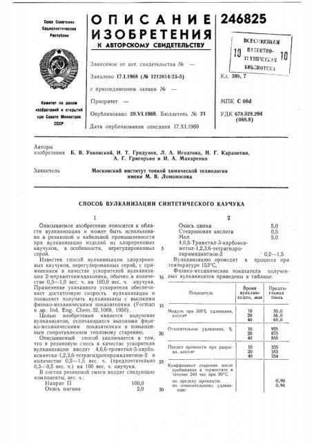 Способ вулканизации синтетического каучука (патент 246825)