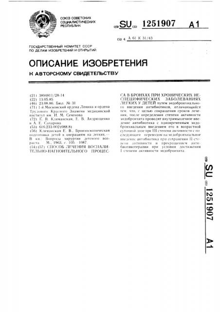 Способ лечения воспалительно-нагноительного процесса в бронхах при хронических неспецифических заболеваниях легких у детей (патент 1251907)