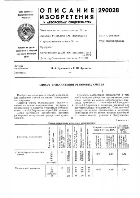 Способ вулканизации резиновых смесейизобретение относится к способу вулканизации резиновых смесей на основе хлоропреновых каучуков.известен способ вулканизации резиновых смесей на основе хлоропреновых каучуков с применением в качестве ускорителя вулканизации 1 -тио-3,4,5- триметилгидро-2,4,6-триазина.целью настоящего изобретения является расширение ассортимента ускорителей вулканизации.сущность изобретения заключается в том, что в качестве ускорителя вулканизации резиновых смесей на основе хлоропреновых каучуков применяют 1-тио-4-метил-3,5-дифурил- 5 гидро-2,4,6-триазин в дозировке принятой для соответствующих ускорителей. предлагаемый ускоритель хорощо смешивается с каучуком, применение его не вносит никаких изменений в технологические режимы и оборудование.10 (патент 290028)