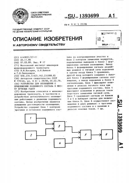 Устройство для оповещения о приближении подвижного состава к месту путевых работ (патент 1393699)