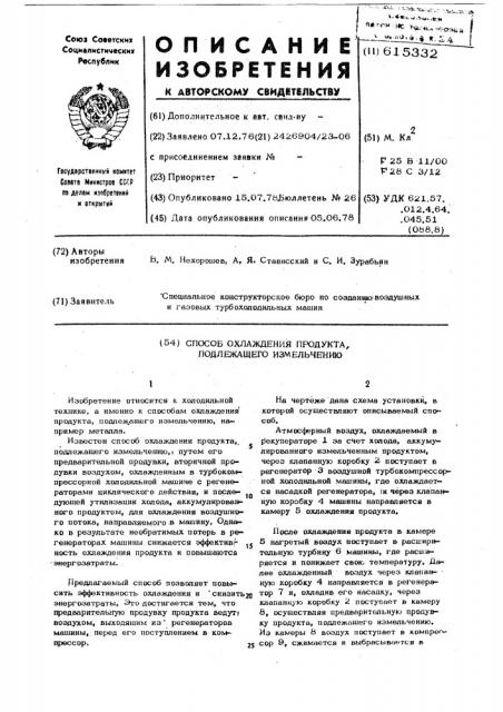 Способ охлаждения продукта, подлежащего измельчению (патент 615332)