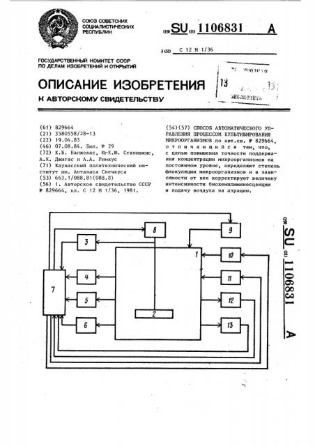 Способ автоматического управления процессом культивирования микроорганизмов (патент 1106831)