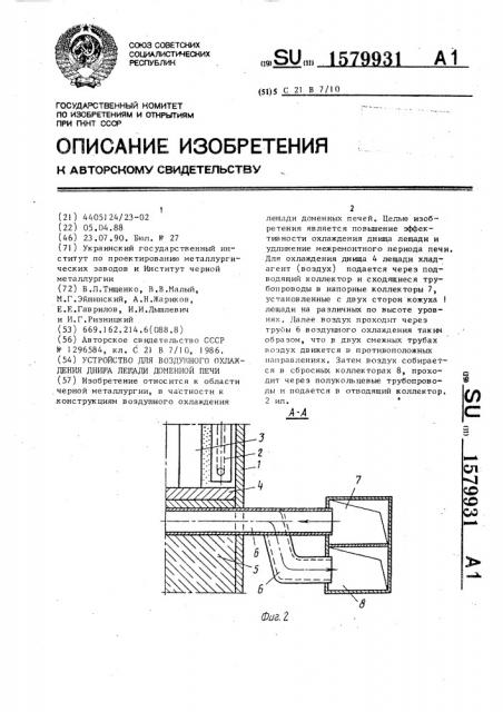 Устройство для воздушного охлаждения днища лещади доменной печи (патент 1579931)