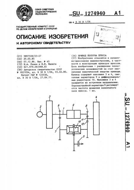 Привод ползуна пресса (патент 1274940)