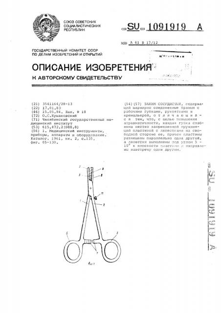 Зажим сосудистый (патент 1091919)