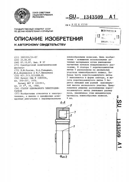 Статор однофазного электродвигателя (патент 1343509)