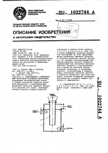 Гидроциклон с безнапорной загрузкой исходного материала (патент 1022744)