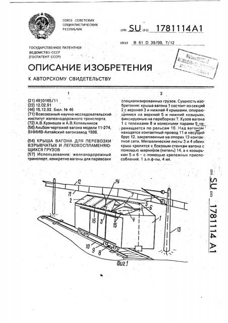 Крыша вагона для перевозки взрывчатых и легковоспламеняющихся грузов (патент 1781114) Крыша вагона для перевозки взрывчатых и легковоспламеняющихся грузов (патент 1781114)
