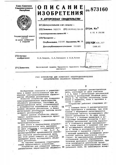 Устройство для измерения электродинамических характеристик объемного резонатора (патент 873160)