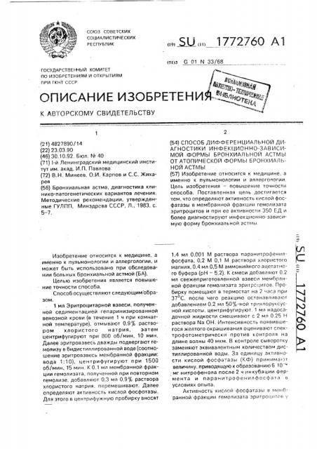 Способ дифференциальной диагностики инфекционно-зависимой формы бронхиальной астмы от атопической формы бронхиальной астмы (патент 1772760)