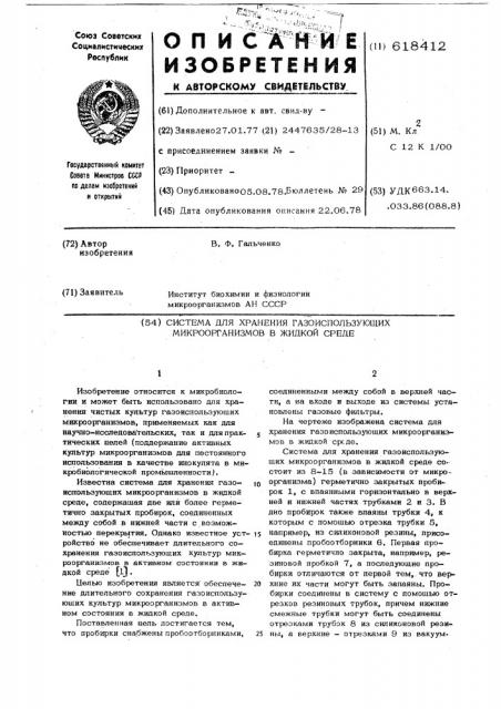 Система для хранения газоиспользующих микроорганизмов в жидкой среде (патент 618412)