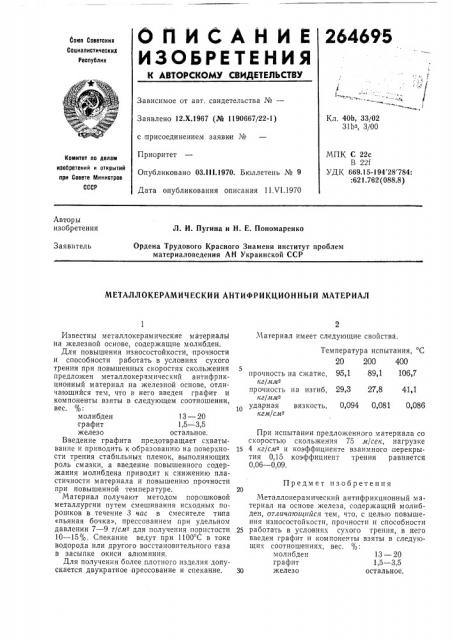 Металлокерамйческий антифрикционный материал (патент 264695)