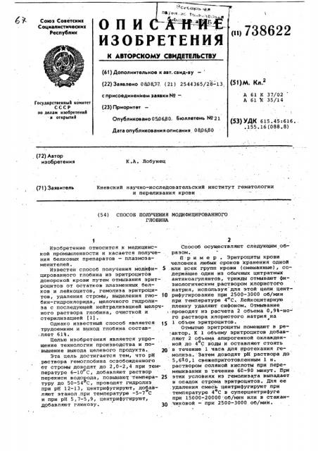 Способ получения модифицированного глобина (патент 738622)